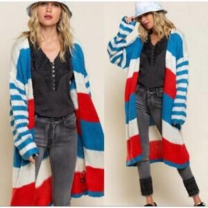 Beverly Hills Polo Club Blue White Red Striped Open Cardigan Sweater